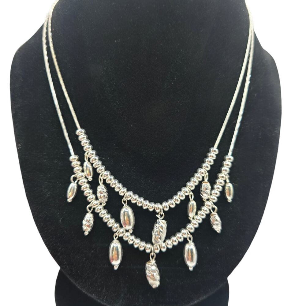 Necklace Raindrop Beaded Double Layer Necklace 16" Adjustable Silver Tone SK3357